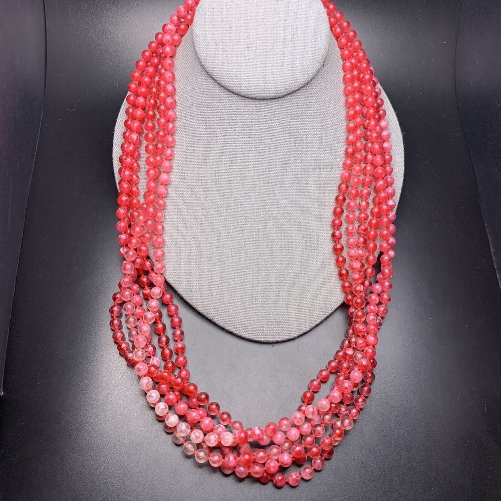 Shades of Pink Lucite Necklace Beaded Multi Strand 26 Inch Long Classic Vintage
